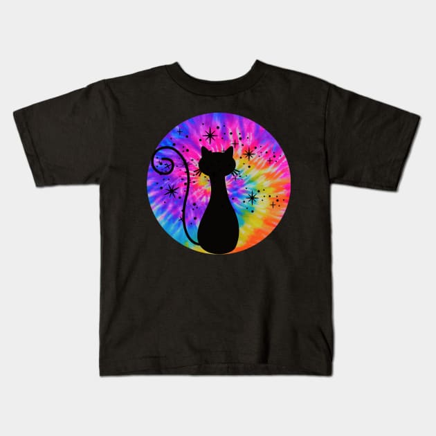 Tie Dye Black Cat: Rainbow Pink Trippy Hippie, Boho Psychedelic, Retro Vintage Sunset Vibe Kids T-Shirt by ThePinkPrincessShop